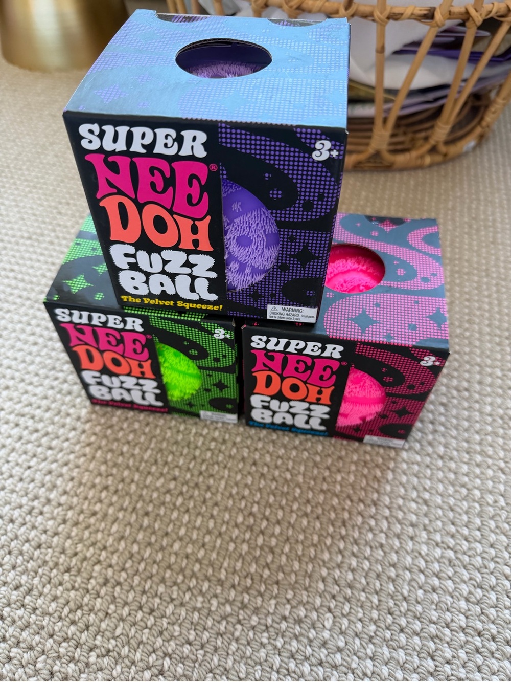 3 Super NeeDoh Fuzz Ball Sensory Toy - Purple, Green, Pink new and authentic!